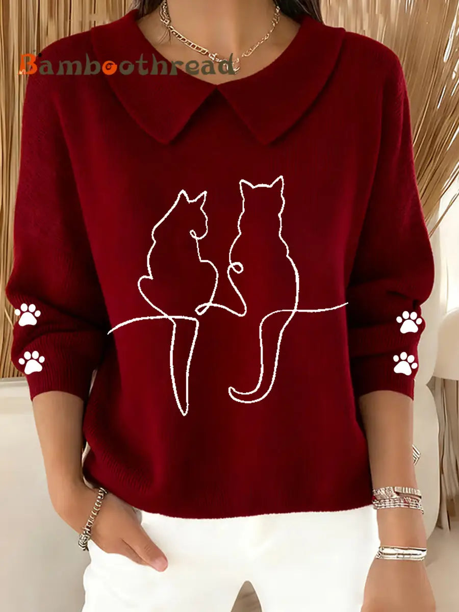 Women’s Cute Cat Print Cat Lovers Casual Baby Doll Collar Top Wine Red / S