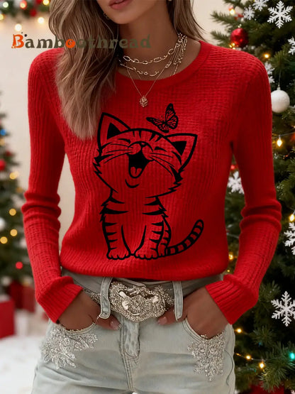 Women’s Cute Cat Print Cat Lovers Casual Long Sleeve Waffle Top Red / S