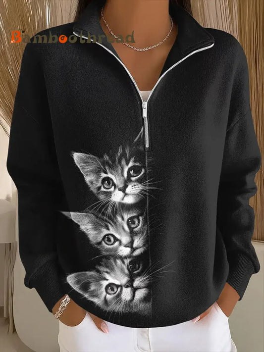 Women’s Cute Cat Print Cat Lovers Casual Sweatshirt Black / S