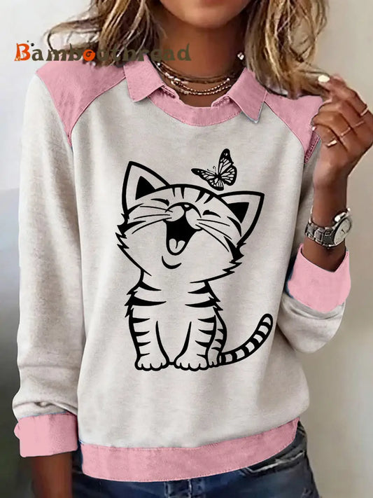 Women’s Cute Cat Print Cat Lovers Casual Sweatshirt Pink / S