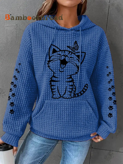 Women’s Cute Cat Print Cat Lovers Cat Mom Casual Waffle Hoodie Blue / S