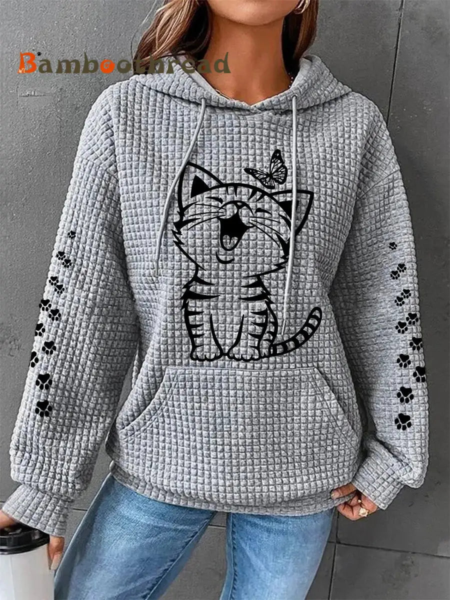 Women’s Cute Cat Print Cat Lovers Cat Mom Casual Waffle Hoodie Gray / S