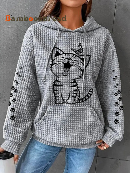 Women’s Cute Cat Print Cat Lovers Cat Mom Casual Waffle Hoodie Gray / S