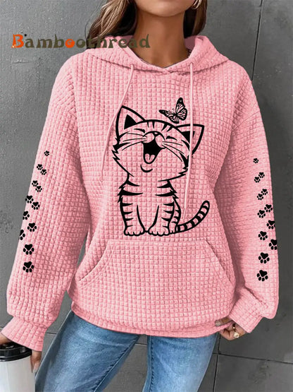 Women’s Cute Cat Print Cat Lovers Cat Mom Casual Waffle Hoodie Pink / S