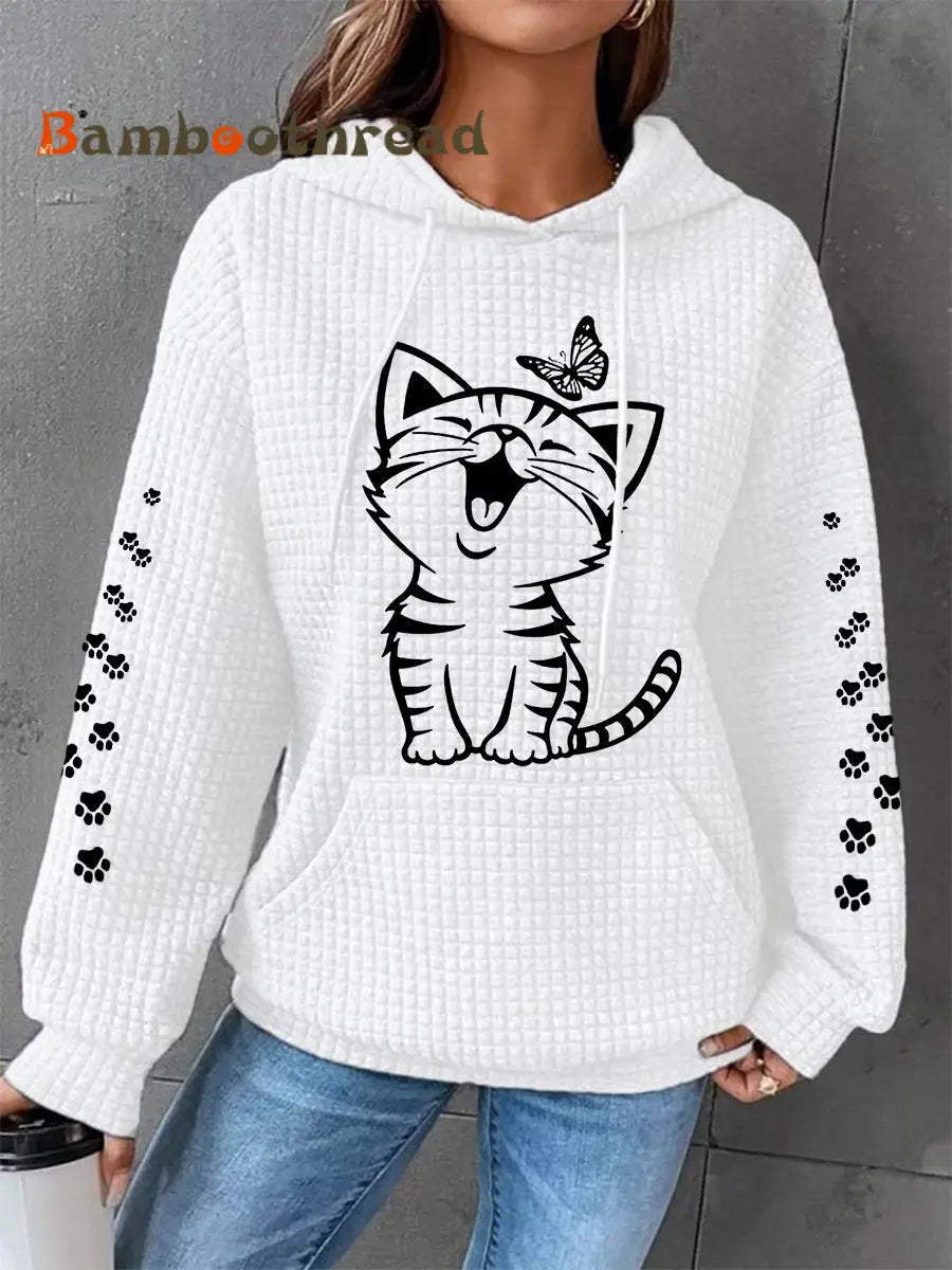 Women’s Cute Cat Print Cat Lovers Cat Mom Casual Waffle Hoodie White / S