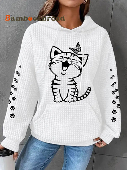 Women’s Cute Cat Print Cat Lovers Cat Mom Casual Waffle Hoodie White / S