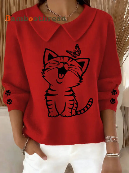 Women’s Cute Cat Print Cat Lovers Cat Mom Gift Casual Baby Doll Collar Top Red / S