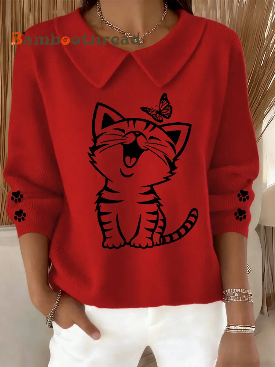 Women’s Cute Cat Print Cat Lovers Cat Mom Gift Casual Baby Doll Collar Top Red / S