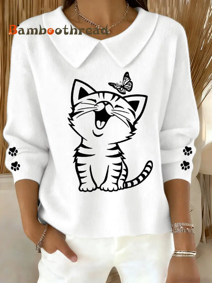 Women’s Cute Cat Print Cat Lovers Cat Mom Gift Casual Baby Doll Collar Top White / S