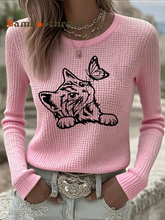 Women’s Cute Cat Print Cat Lovers Cat Mom Gift Casual Long-Sleeve T-Shirt Pink / S