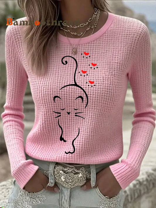 Women’s Cute Cat Print Cat Lovers Cat Mom Gift Casual Long-Sleeve T-Shirt Pink / S