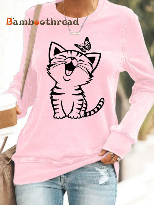 Women’s Cute Cat Print Cat Lovers Cat Mom Gift Casual Sweatshirt Pink / S