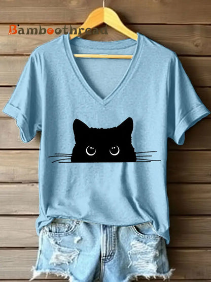 Women’s Cute Cat Print V-Neck T-Shirt Light Blue / S