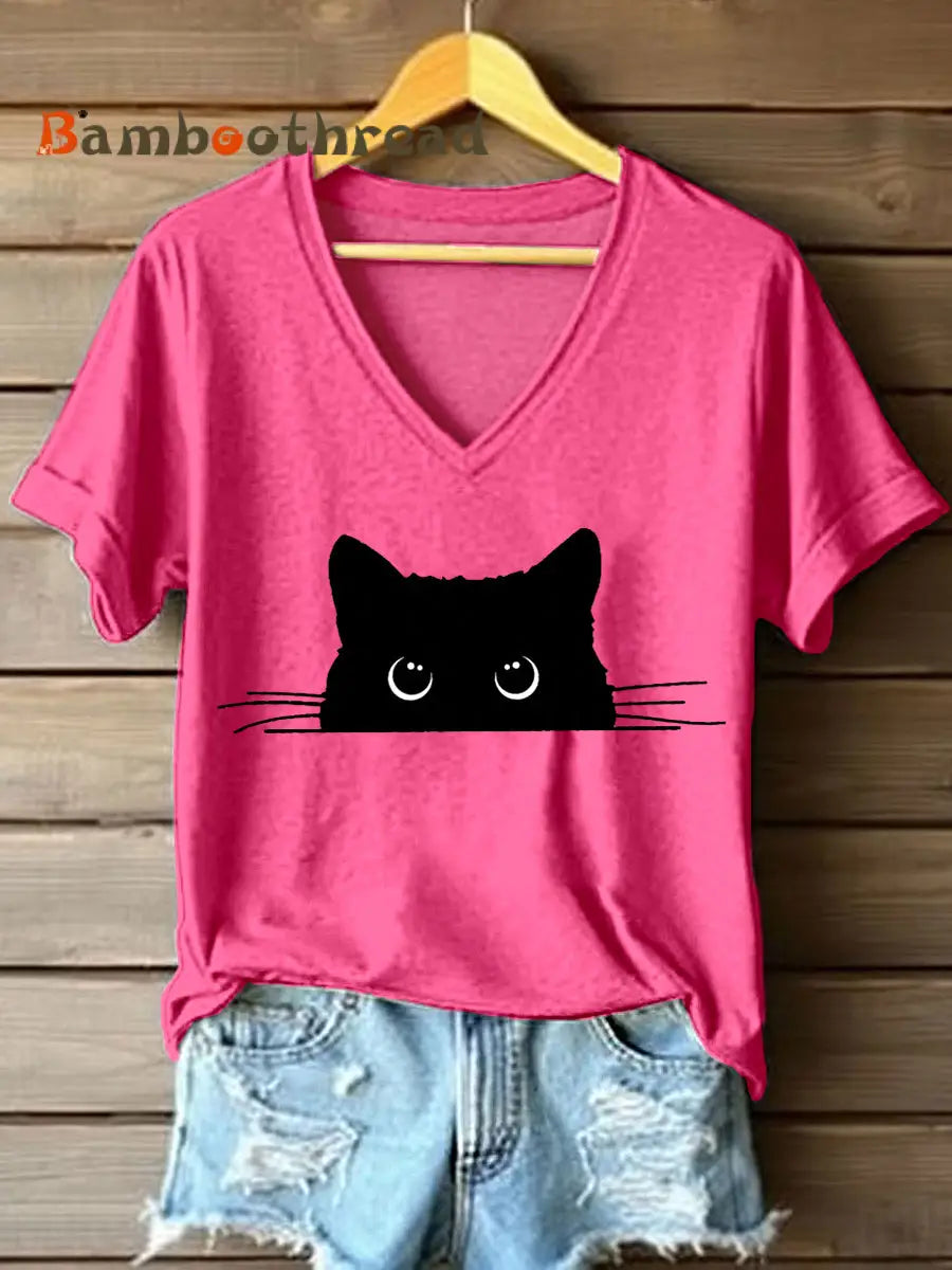 Women’s Cute Cat Print V-Neck T-Shirt Pink / S