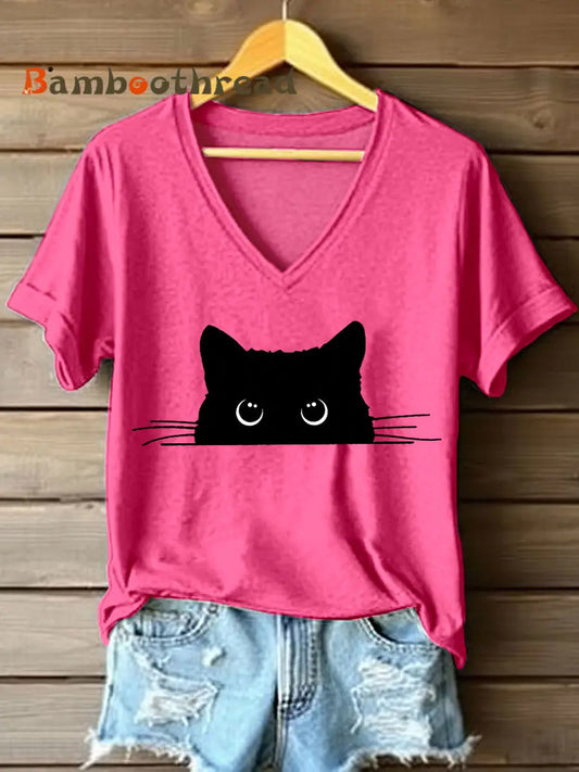 Women’s Cute Cat Print V-Neck T-Shirt Pink / S