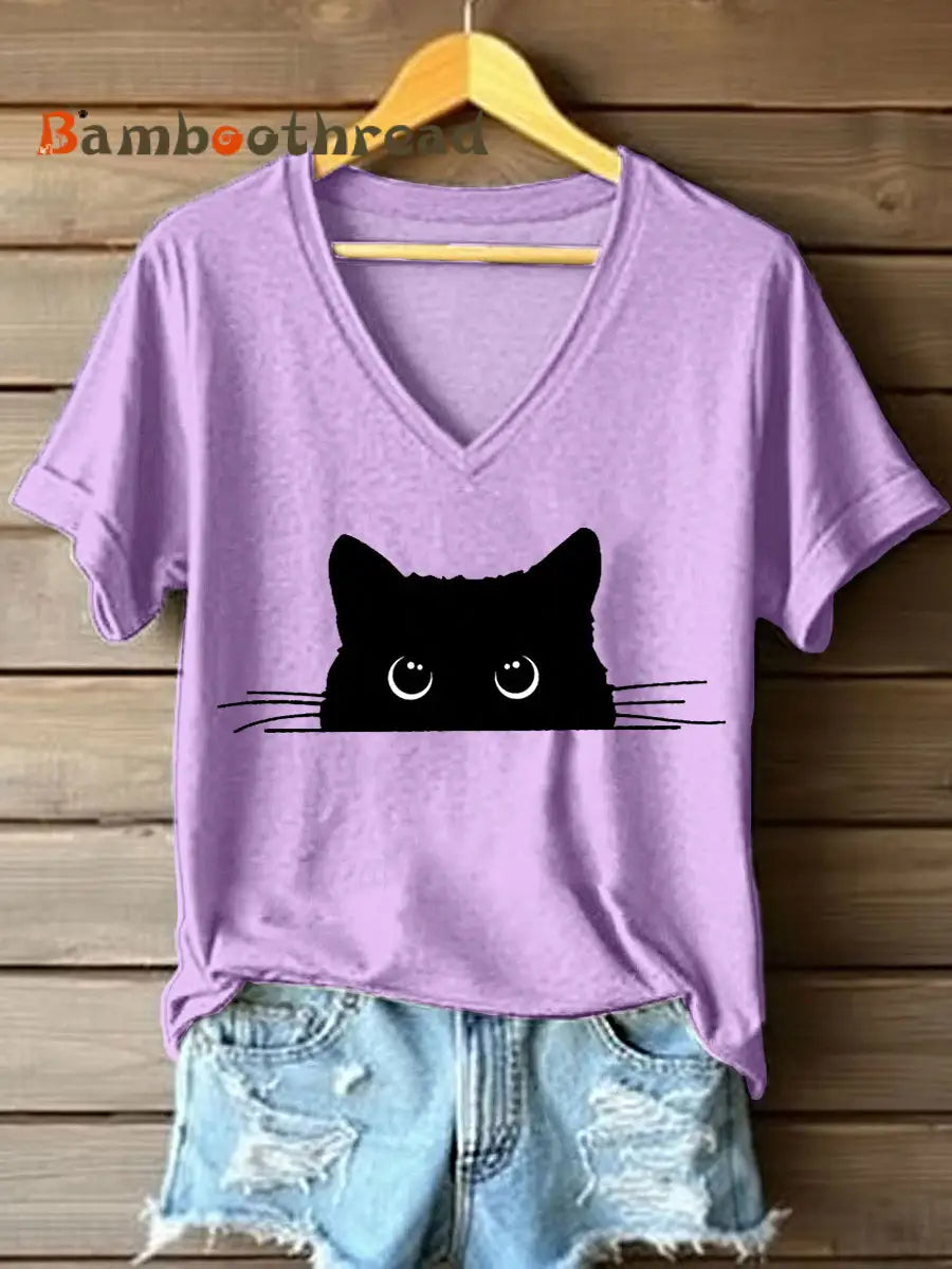 Women’s Cute Cat Print V-Neck T-Shirt Purple / S