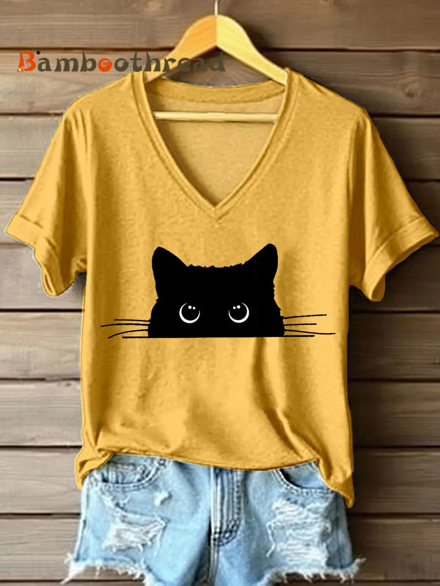 Women’s Cute Cat Print V-Neck T-Shirt Yellow / S