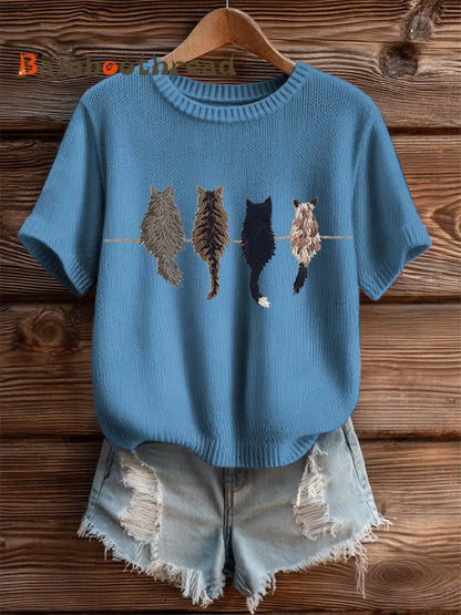 Women’s Cute Cat Short-sleeved T-shirt Blue / S