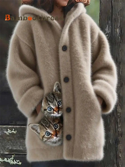 Women’s Cute Cats Flannel Long Coat As picture / S