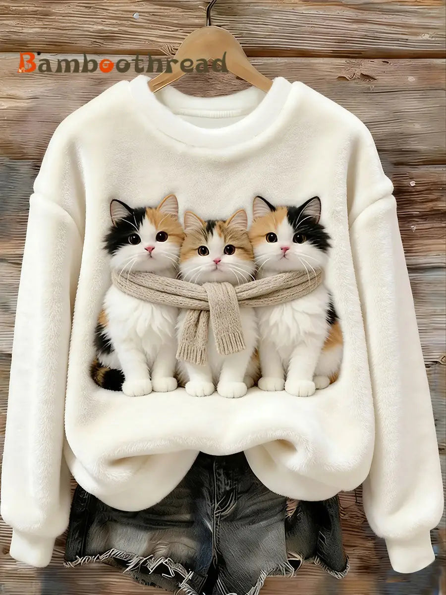 Women’s Cute Cats Flannel Sweatshirt White / S