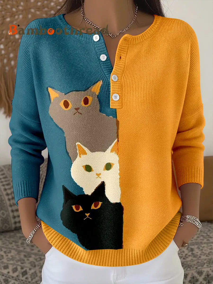Women’s Cute Cats Pattern Cozy Knit Top As picture / S