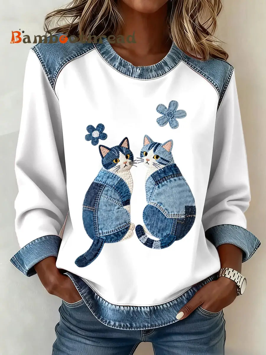 Women’s Cute Cats Pattern Denim Patchwork Sweatshirt White / S