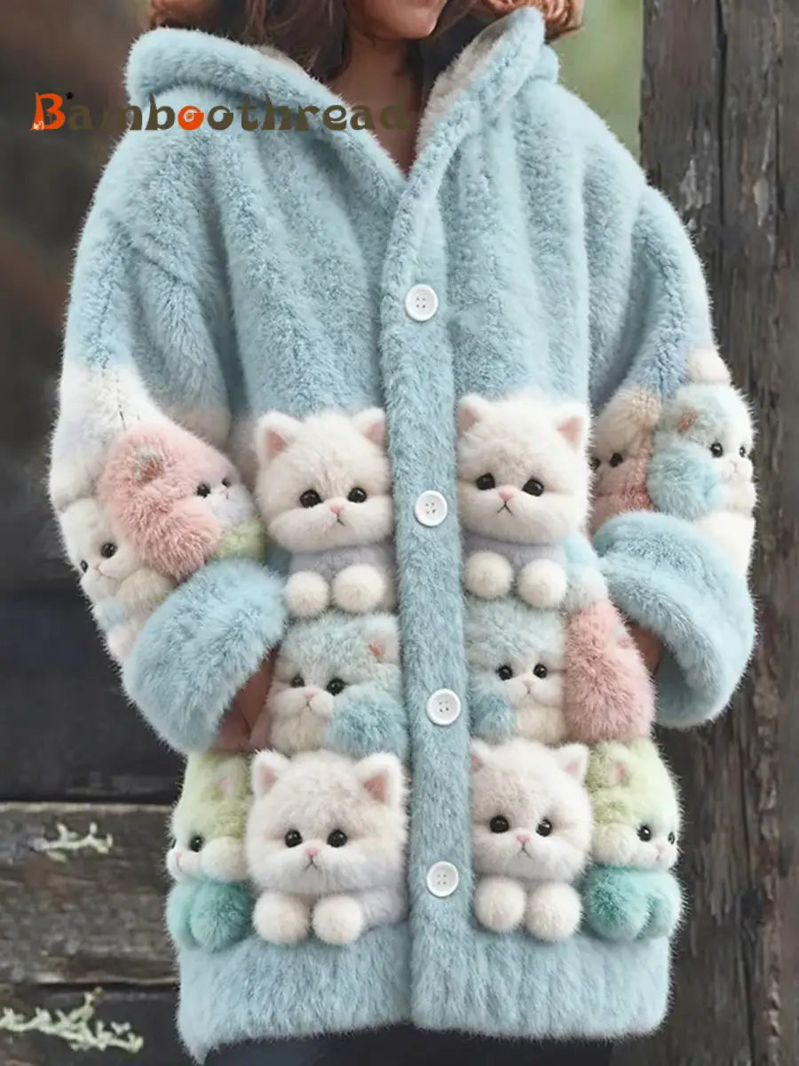 Women’s Cute Cats Print Casual Mid-Length Plush Hooded Coat Light Blue / S