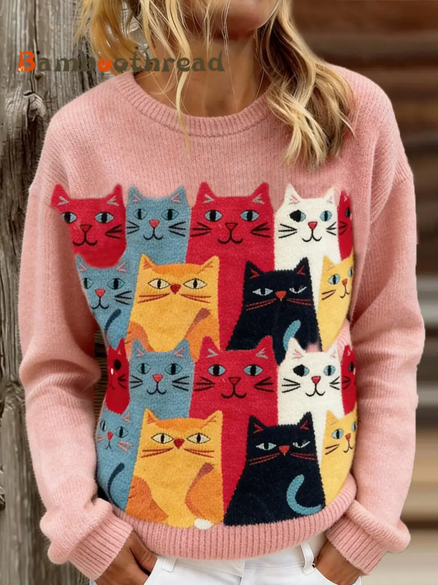 Women’s Cute Cats Print Casual Sweater Pink / S
