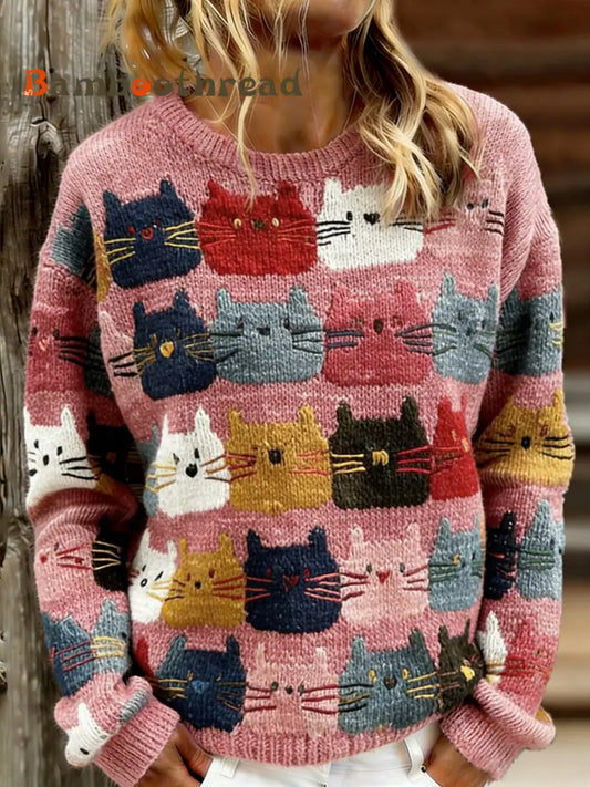 Women’s Cute Cats Print Casual Sweater Pink / S