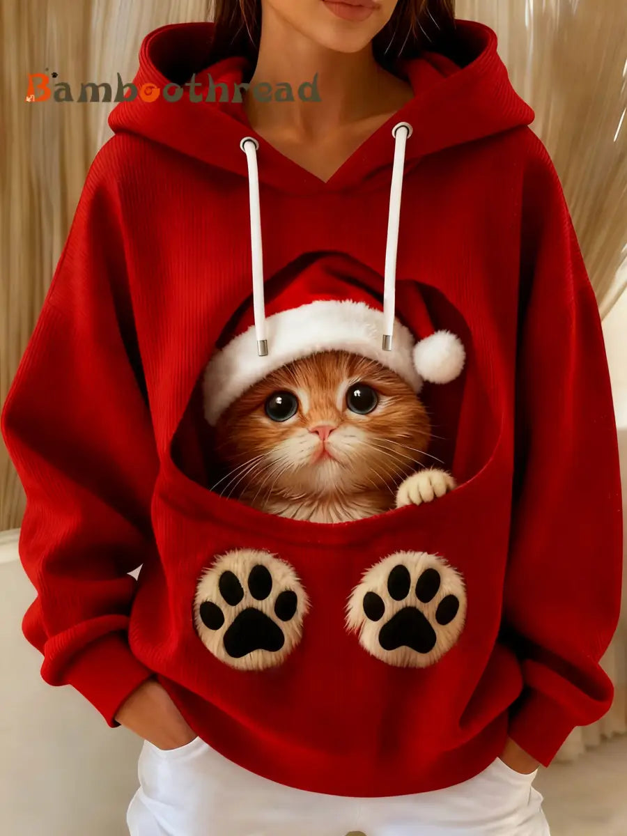 Women’s Cute Christmas Cat Art Drawstring Hoodie Deep Red / S