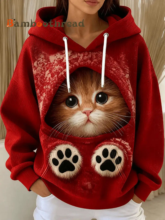 Women’s Cute Christmas Cat Art Drawstring Hoodie Deep Red / S