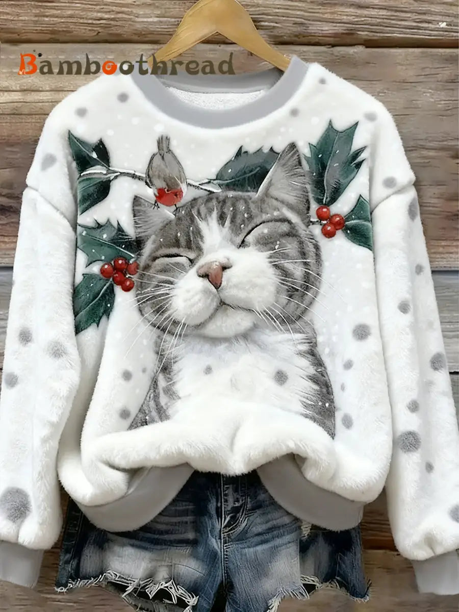 Women’s Cute Christmas Cat Art Flannel Hoodie White / S