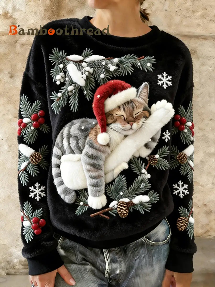 Women’s Cute Christmas Cat Art Print Casual Flannel Hoodie Black / S