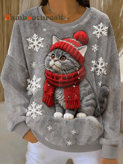 Women’s Cute Christmas Cat Art Print Casual Flannel Hoodie Gray / S