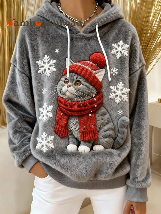 Women’s Cute Christmas Cat Art Print Casual Flannel Hoodie Gray / S