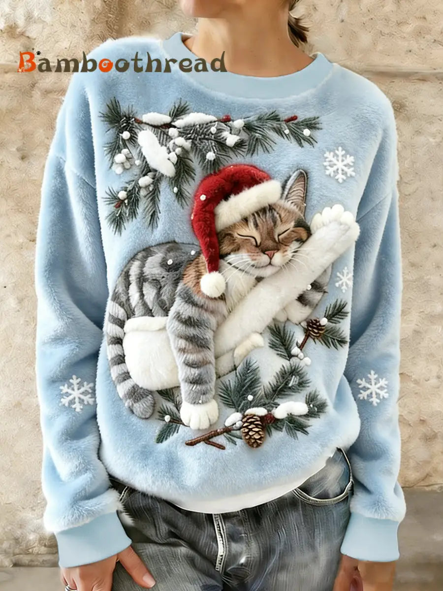 Women’s Cute Christmas Cat Art Print Casual Flannel Hoodie Light Blue / S