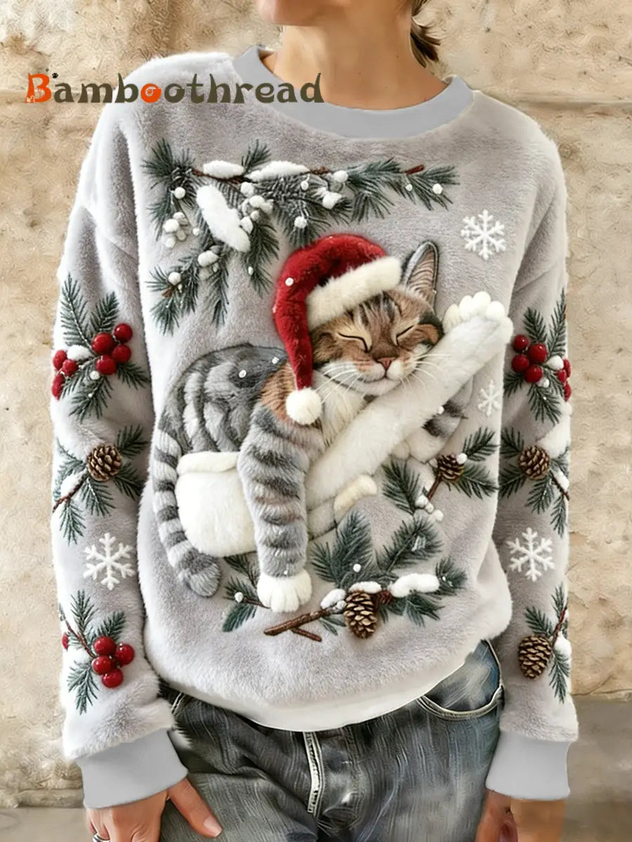 Women’s Cute Christmas Cat Art Print Casual Flannel Hoodie Light Gray / S