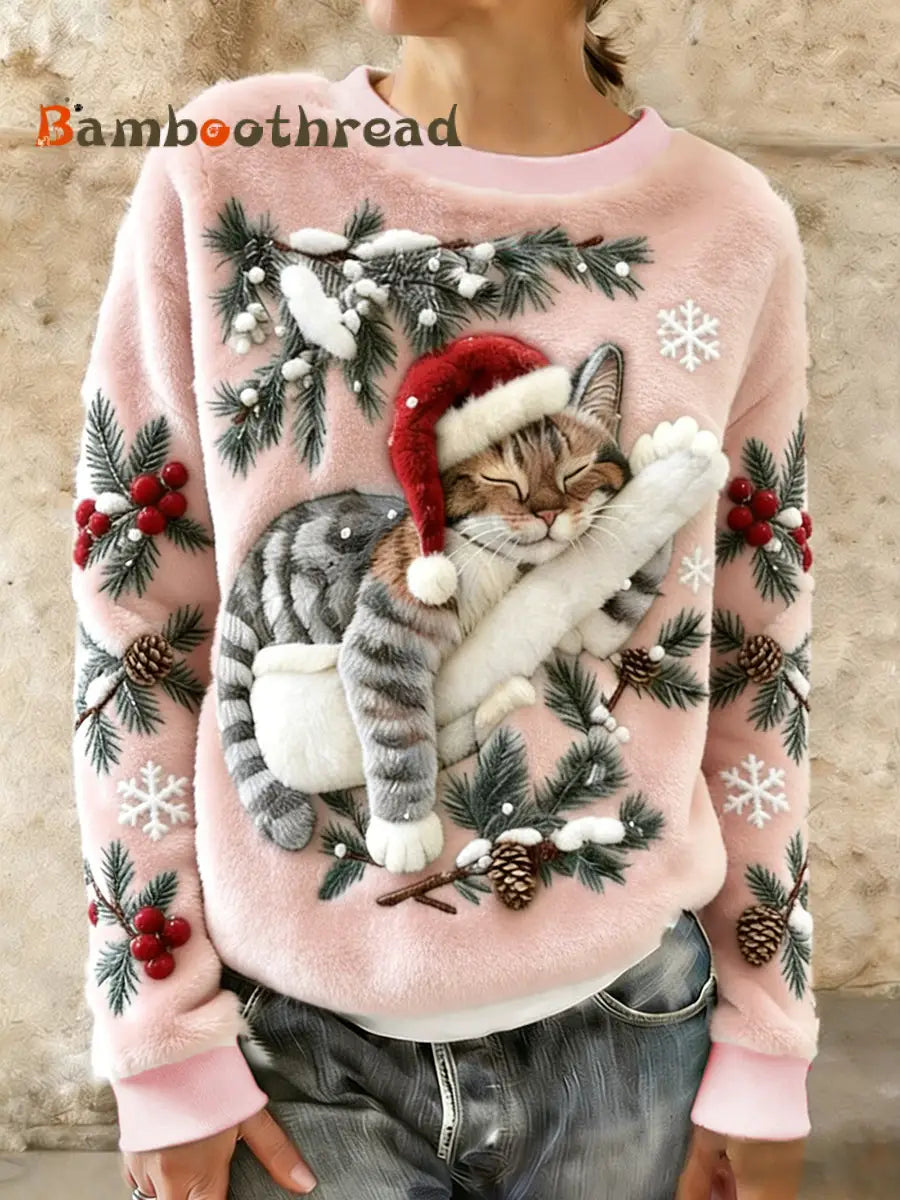 Women’s Cute Christmas Cat Art Print Casual Flannel Hoodie Light Pink / S