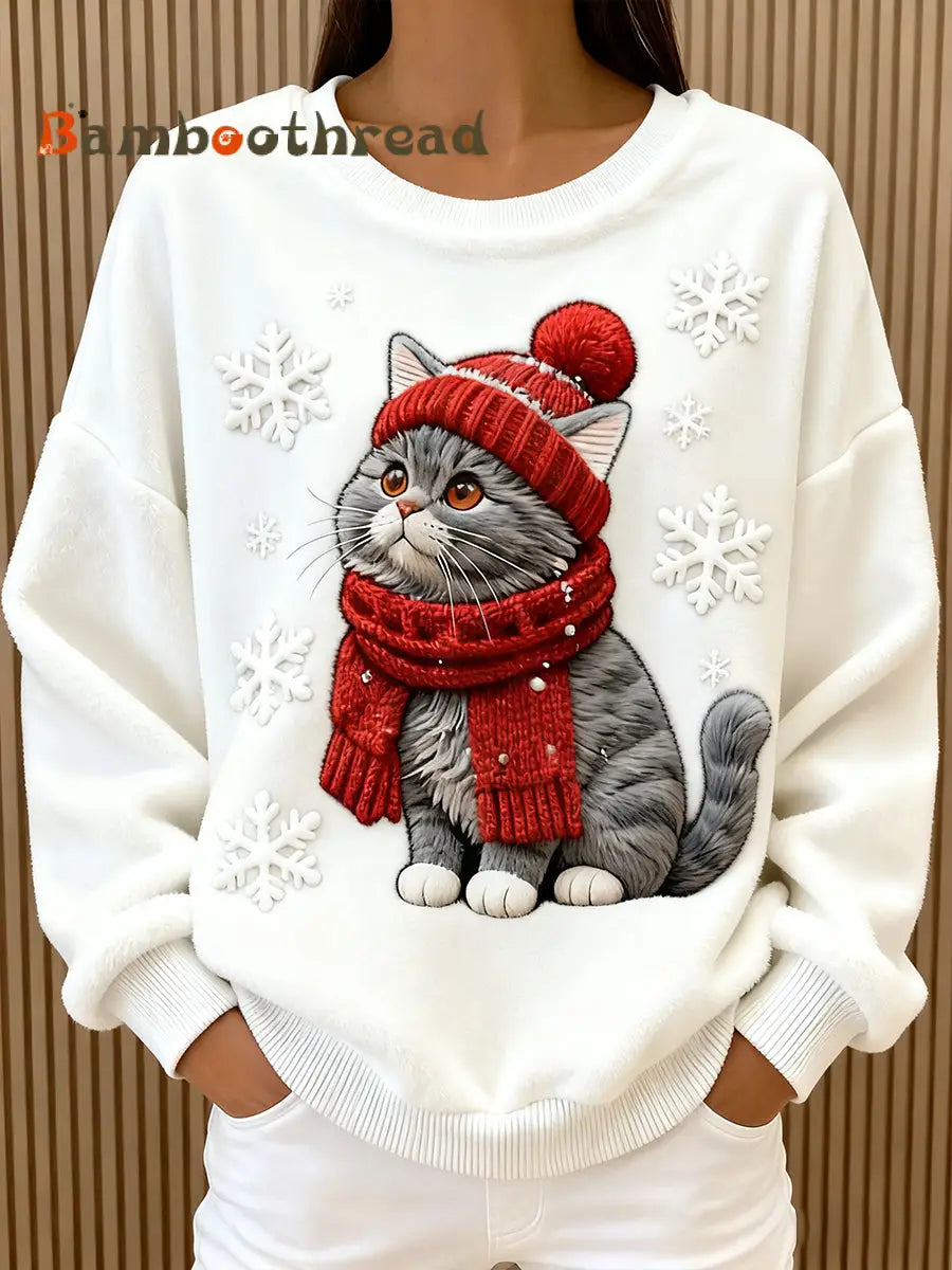 Women’s Cute Christmas Cat Art Print Casual Flannel Hoodie White / S