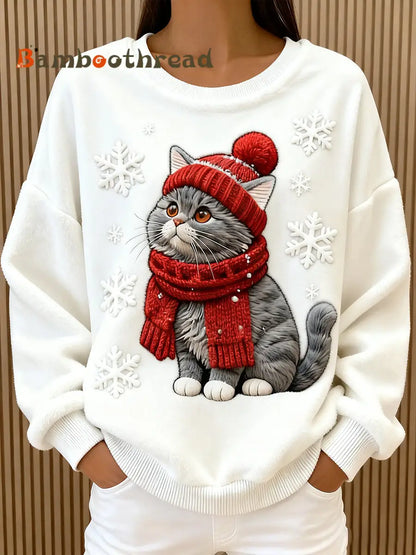 Women’s Cute Christmas Cat Art Print Casual Flannel Hoodie White / S