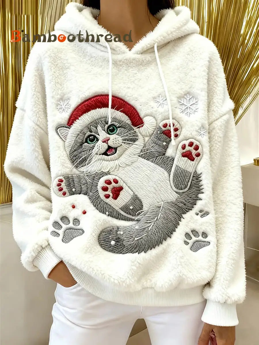 Women’s Cute Christmas Cat Art Print Casual Flannel Hoodie White / S