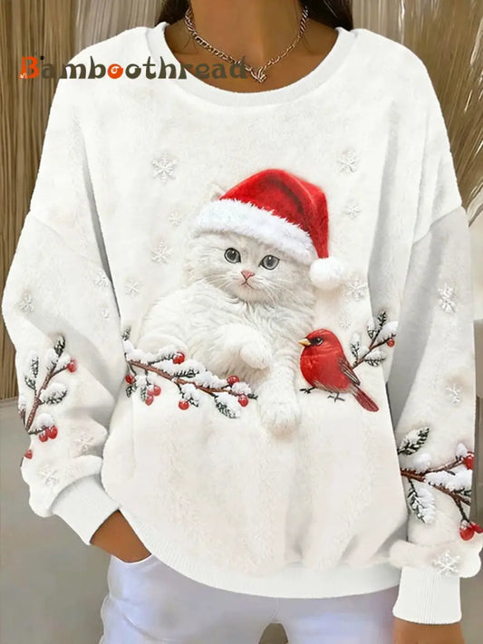 Women’s Cute Christmas Cat Art Print Casual Flannel Hoodie White / S