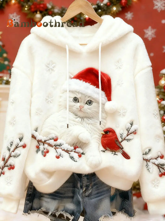 Women’s Cute Christmas Cat Art Print Casual Flannel Hoodie White / S