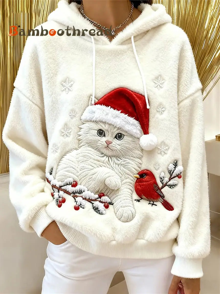 Women’s Cute Christmas Cat Art Print Casual Flannel Hoodie White / S