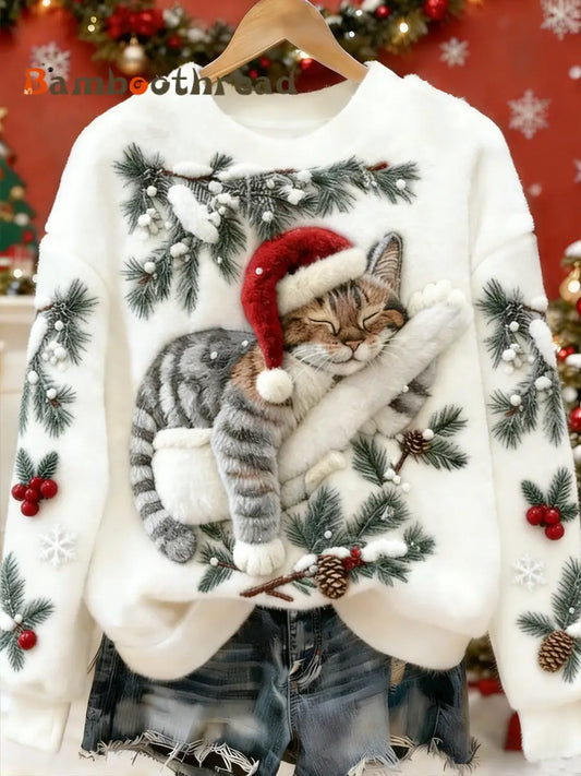Women’s Cute Christmas Cat Art Print Casual Flannel Hoodie White / S