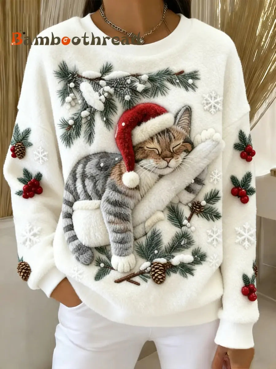 Women’s Cute Christmas Cat Art Print Casual Flannel Hoodie White / S