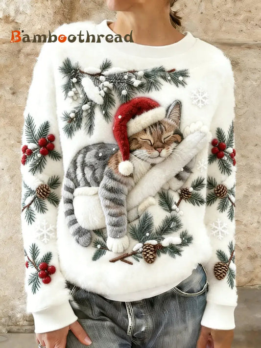 Women’s Cute Christmas Cat Art Print Casual Flannel Hoodie White / S