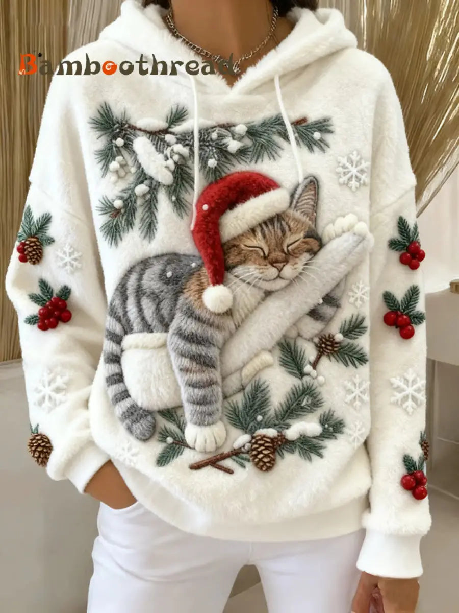 Women’s Cute Christmas Cat Art Print Casual Flannel Hoodie White / S
