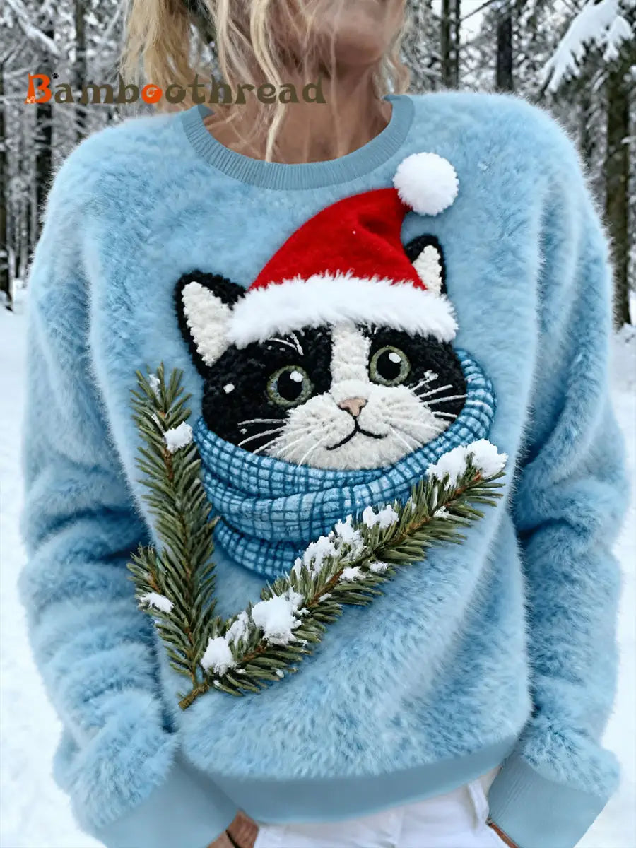 Women’s Cute Christmas Cat Art Print Casual Flannel Sweater Blue / S