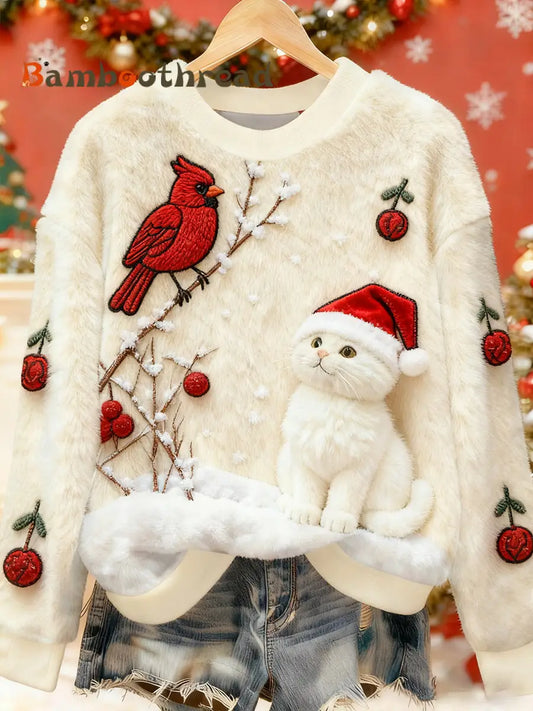 Women’s Cute Christmas Cat Art Print Casual Flannel Sweater White / S